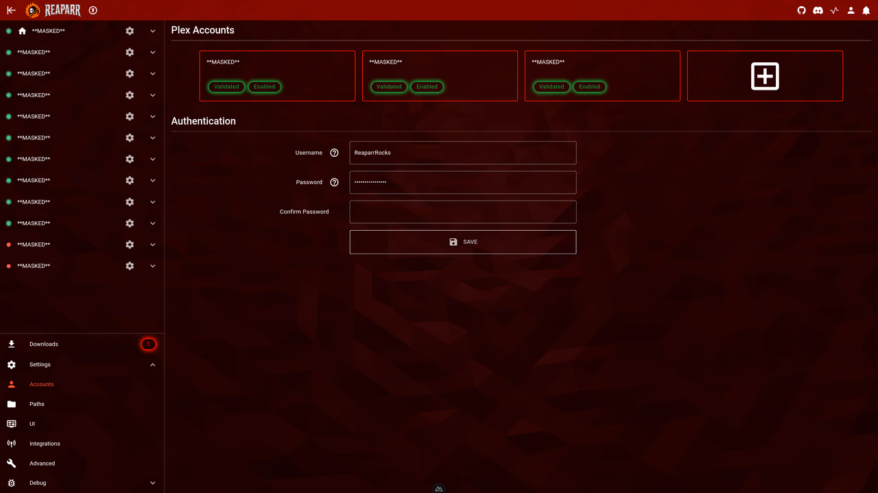 Settings – account overview and management screen