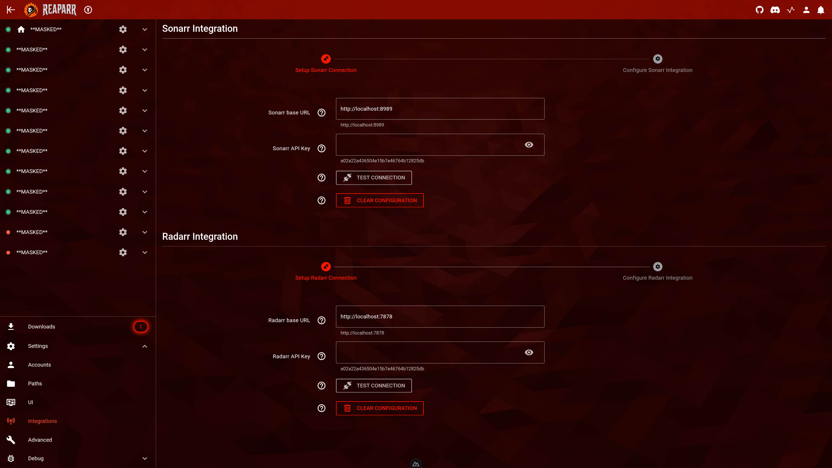 Reaparr integration settings overview showing Sonarr and Radarr configuration Alt text